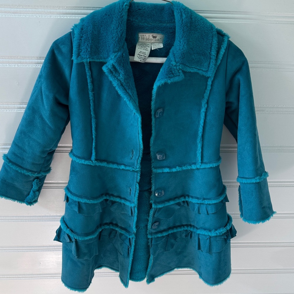 Widgeon Girls Teal Blue Pea Coat with faux suede and fur lining